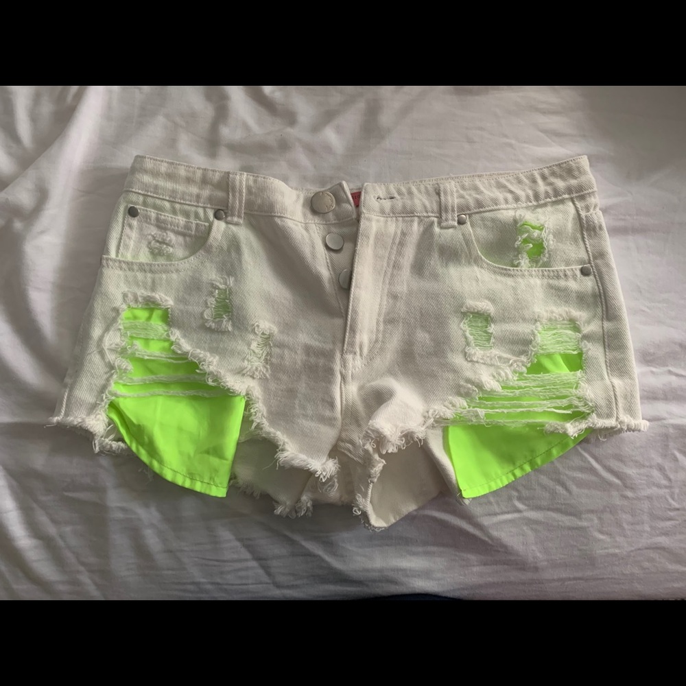 White and neon jean shorts